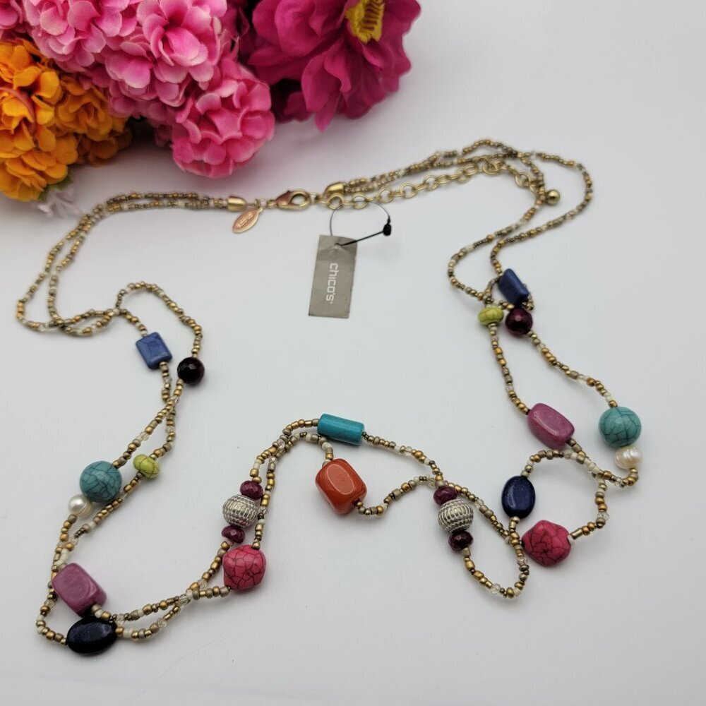 Chico's Colorblock Necklace Gold Tone Seed Bead Multicolor Stone Charm 40" Adj.